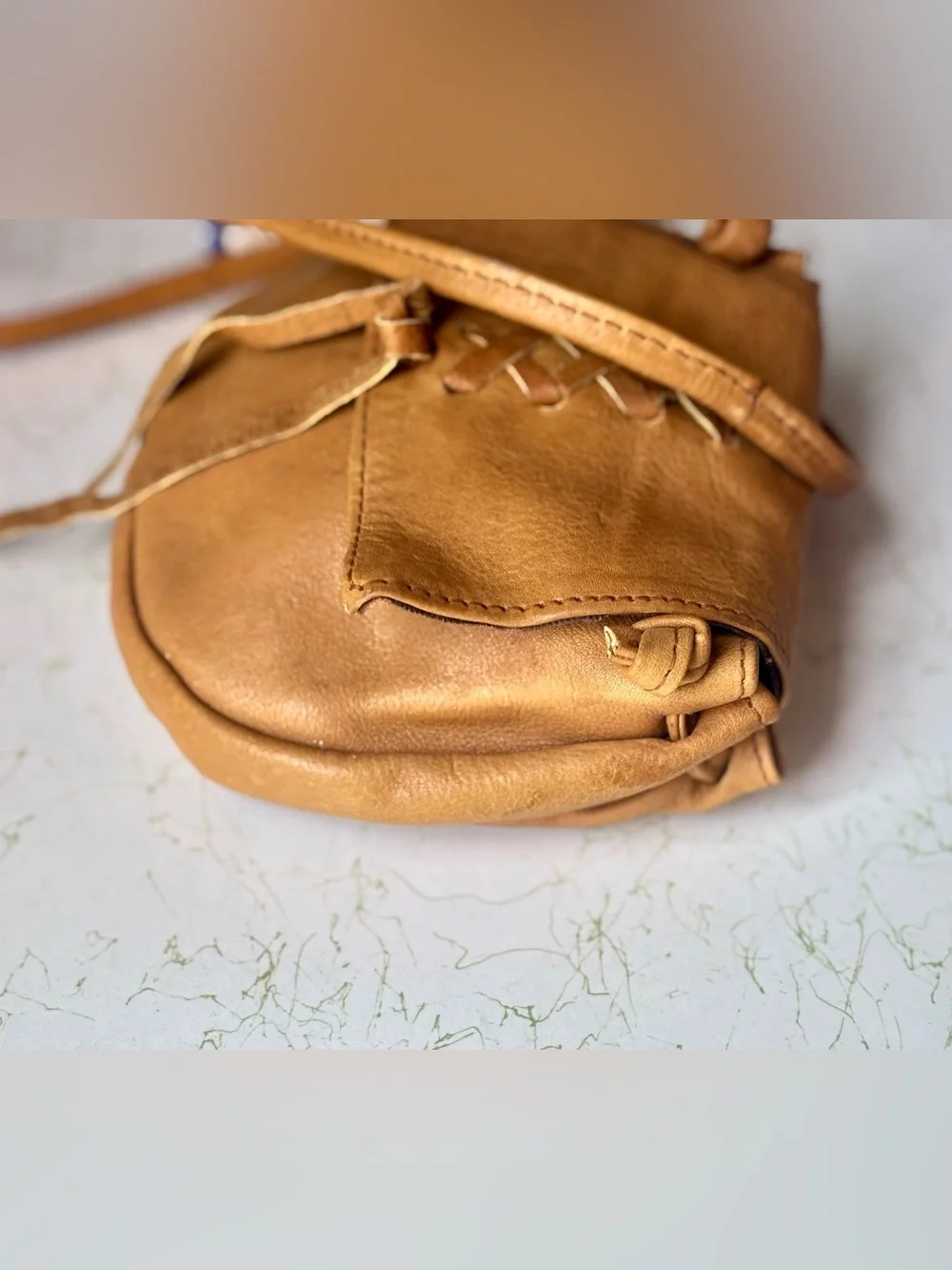 Vintage Tan Leather Crosslace Boho Crossbody Bag | Small | Made in India